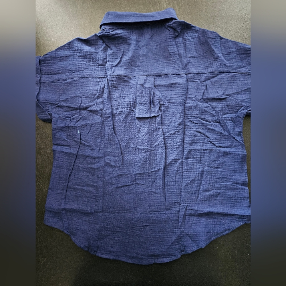 NWT - Boutique - Cotton Dark Blue Textured Button Up Short Sleeve Shirt - Size L - Picture 9 of 13